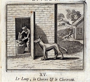 Vlk, koza a koza. Bajky Jean de La Fontaine (1621-95). Ilustrace François Chauveau (1613-1676). Vydání z roku 1728.