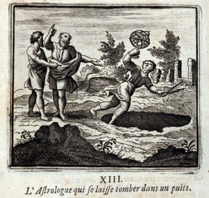Astrolog, který spadne do studny. Bajky Jean de La Fontaine (1621-95). Ilustrace François Chauveau (1613-1676). Vydání z roku 1728. od Francois Chauveau