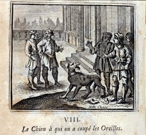 Pes, kterému jsme uřízli uši. Bajky Jean de La Fontaine (1621-95). Ilustrace François Chauveau (1613-1676). Vydání z roku 1728. od Francois Chauveau