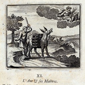 Osel a jeho páni. Bajky Jean de La Fontaine (1621-95). Ilustrace François Chauveau (1613-1676). Vydání z roku 1728. od Francois Chauveau