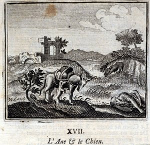 Osel a pes. Bajky Jean de La Fontaine (1621-95). Ilustrace François Chauveau (1613-1676). Vydání z roku 1728.