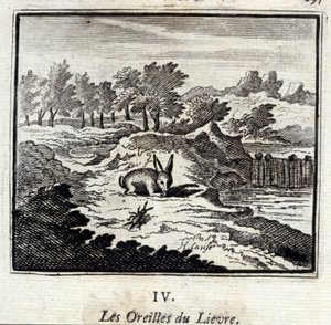 Uši Lievre. Bajky Jean de La Fontaine (1621-95). Ilustrace François Chauveau (1613-1676). Vydání z roku 1728. od Francois Chauveau