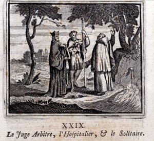 Rozhodčí rozhoduje Hospitaller a Solitaire. Bajky Jean de La Fontaine (1621-95). Ilustrace Francois Chauveau (1613-1676). Vydání z roku 1728. od Francois Chauveau