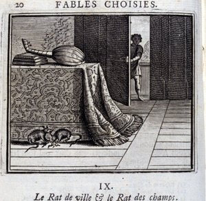 Městská krysa a polní krysa. Bajky Jean de La Fontaine (1621-95). Ilustrace François Chauveau (1613-1676). Vydání z roku 1728. od Francois Chauveau