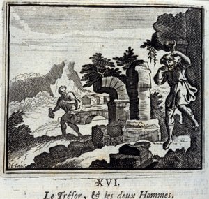 Pokladník a dva muži. Bajky Jean de La Fontaine (1621-95). Ilustrace François Chauveau (1613-1676). Vydání z roku 1728. od Francois Chauveau
