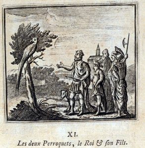 Dva papoušci král a jeho syn. Bajky Jean de La Fontaine (1621-95). Ilustrace François Chauveau (1613-1676). Vydání z roku 1728. od Francois Chauveau
