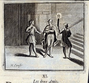 Ti dva přátelé. Bajky Jean de La Fontaine (1621-95). Ilustrace François Chauveau (1613-1676). Vydání z roku 1728. od Francois Chauveau