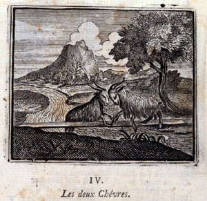 Dvě kozy. Bajky Jean de La Fontaine (1621-95). Ilustrace François Chauveau (1613-1676). Vydání z roku 1728.