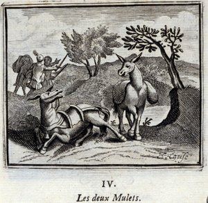 Dva mezci. Bajky Jean de La Fontaine (1621-95). Ilustrace François Chauveau (1613-1676). Vydání z roku 1728. od Francois Chauveau