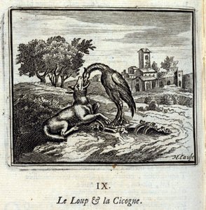 Vlk a čáp. Bajky Jean de La Fontaine (1621-95). Ilustrace François Chauveau (1613-1676). Vydání z roku 1728. od Francois Chauveau
