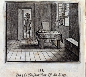 Tezaurizátor a Opice. Bajky Jean de La Fontaine (1621-95). Ilustrace François Chauveau (1613-1676). Vydání z roku 1728. od Francois Chauveau