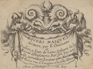 Titulní štítek se dvěma hlavami satyra, od Divers Masques, ca. 1635-45. od Francois Chauveau