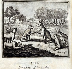 Vlci a ovce. Bajky Jean de La Fontaine (1621-95). Ilustrace Francois Chauveau (1613-1676). Vydání z roku 1728. od Francois Chauveau