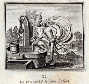 štěstí a malé dítě. Bajky Jean de La Fontaine (1621-95). Ilustrace François Chauveau (1613-1676). Vydání z roku 1728. od Francois Chauveau