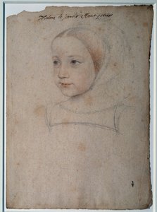 Portrét Marguerite de France (1523-1574) dítěte, dcery Františka I., vévodkyně Savojské Kresba černým kamenem, krví zvýrazněná akvarelem od Francoise Cloueta (1515-1572) Chantilly ze 16. století, Musee Conde od François Clouet