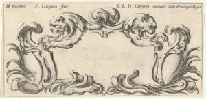 Deska 10: kartuše s hlavami dvou lvů v profilu vlevo a vpravo v t..., ca. 1640-45.