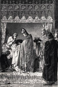 Karel V. (1338-80) na smrtelné posteli, přijímající trnovou korunu s velkou náboženskou oddaností, z „Les Chroniqueurs de l