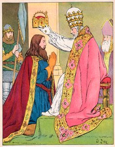 Karel Veliký (742-814) korunován papežem Lvem III. (c750-816) v bazilice svatého Petra v Římě dne 25. prosince 800 - Posvátno (korunovace) Karla Velikého (742-814) v roce 800 papežem Leonem III. - Ilustrace Francoise Ziera ( 1856-1924) převzato z „Our Glor