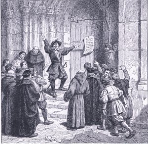 Robert Aske připevňuje své prohlášení na dveře York Minster z Cassells History of the British People vydané Waverley Book Company, kolem 50. let (litho)