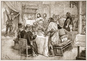 Posel přinášející Haroldovi zprávu o přistání Williama, ilustrace z 