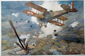 První světová válka ""Letecký boj"" Nepřátelské letadlo padající v plamenech. Akvarel od Francoise Flamenga (1856-1923) 1918 Soukromá sbírka od Francois Flameng
