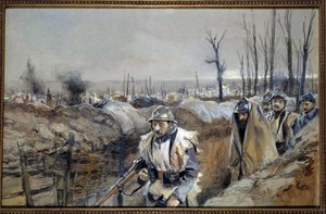 První světová válka: “” Pohled na Souchez (v Artois), příkop 18. 12. 1915”” Akvarel od Francoise Flamenga (1856-1923) prosinec 1915 ne. 0,3x0,48 m Paříž, musee de l