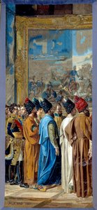 Napoleon I. (1769-1821) přijal na zámku Finkenstein v Polsku velvyslance perského šáha Georgese Outreyho, vicekonzula Francie v Bagdádu, představuje Mohammeda Mirzu Rezu. Gobelín vyrobený z dílny Gobelínů od Francoise Henriho Mularda od Francois Henri Mulard