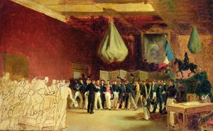 Poslanecká sněmovna předává vévodovi z Orleans, Ludvíku Filipovi I. (1773-1850), akt, který jej povolává na trůn, a Listinu z roku 1830, v královském paláci, 7. srpna 1830