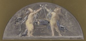 Náčrt jídelny pařížského Hôtel de Ville, dvě děti zvedající k sobě velkou krabici