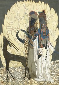 Dvě stylizované ženy s antilopou mezi listy, kolem roku 1928 (lak a dřevěný panel coquille d