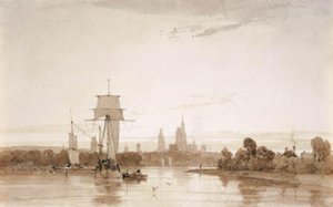 Pohled od Seiny směrem ke katedrále a městu Rouen. Ráno od Francois Louis Thomas Francia