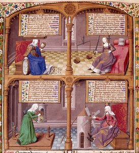 Čtyři kardinální viry: obezřetnost, síla, zdrženlivost a spravedlnost. Strana převzata z rukopisu Seneca (Lucius Annaeus Seneca, 4 př. nl-65 n. l.), filozofa stoické školy, dramatika a římského státníka osvíceného mistrem Francoisem.