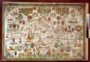 Zeměpisná mapa Středozemního moře znázorňující pobřeží Evropy (Francie, Španělsko, Itálie a Afrika (Tunisko, Alžírsko, Egypt). Moře je zalidněno příšerami a karavelami, zatímco na zemi jsou vidět všechny druhy zvířat a obyvatelé regi od Francois Ollive