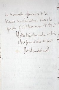 Dopis s podpisem spisovatele, napsaný ve Frankfurtu na cestě do Chateaubriand na nové místo zplnomocněného ministra v Berlíně, 7. ledna 1821 (pero a inkoust na papíře) od Francois Rene Vicomte de Chateaubriand