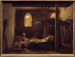 Červená Karkulka Ilustrace pohádky Charlese Perraulta, Červená Karkulka před vlkem v přestrojení za babičku. Obraz Francoise Richarda Fleuryho (1777-1852) 19. století Sun. 0,35x0,47 m . od Francois Richard Fleury