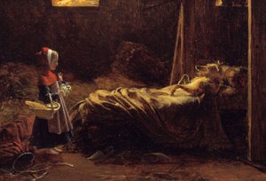 Červená karkulka, detail. Ilustrace příběhu Charlese Perraulta, červené karkulce před vlkem v přestrojení za babičku. Obraz Francoise Richarda Fleuryho (1777-1852) 19. století Sun. 0,35x0,47 m . od Francois Richard Fleury