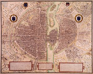 Mapa města Paříže v letech 1540-1555 hovoří o tapisérii. Rytina Francoise Rogera de Gaignieres (1642-1715). Paříž, B.N.