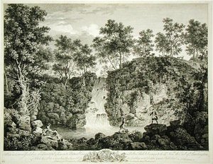 Pohled na kaskádu v Bolton Park, Craven, Yorkshire, publikoval 1753 (rytina) od Francois Vivarez