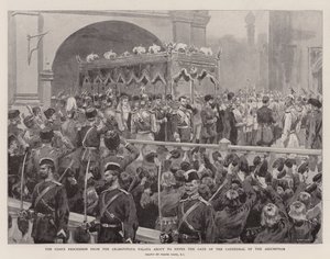 Carský průvod z Granovitaya Palata se chystá vstoupit do brány katedrály Nanebevzetí Panny Marie (litho)