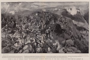 Major Thorneycrofts pod krupobitím skořápek tvrdohlavý odpor proti búrskému útoku na Spion Kop dne 24. ledna