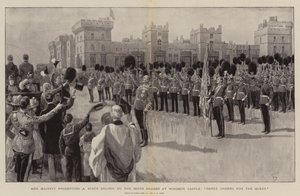 Její Veličenstvo předává státní barvu skotským gardám na hradě Windsor, Třikrát hurá královně od Frank Dadd