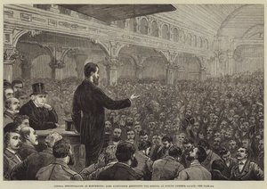 Liberální demonstrace v Manchesteru, lord Hartington promlouvá na shromáždění v paláci Pomona Gardens