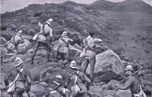 Pronásledování De Wetova zadního voje v Takesbergu, z After Pretoria: The Guerilla War vydané Harmsworth Bros Limited od Frank Dadd