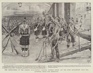 Příjezd Gordonových horalů domů, plukovník Mathias vyprovází první oddíl z liverpoolských doků do Edinburghu od Frank Dadd