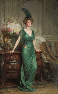 Portrét Hon. Paní Ernest Guinness, stojící, na sobě smaragdové šaty a pero, 1912 od Frank Dicksee