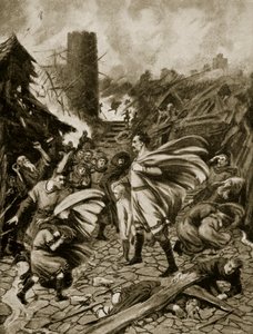 Vichřice roku 1091, ilustrace z „Hutchinsonova příběhu britského národa“, kolem roku 1920 (litho)