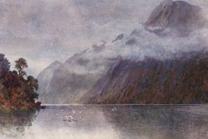 Nový Zéland: V Milford Sound (barevná litografie) od Frank H Wright