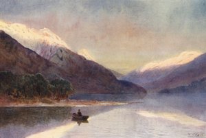 Nový Zéland: Fiord, jezero Te-Anau (barevná litografie) od Frank H Wright