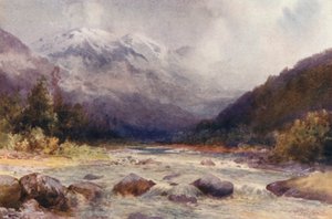 Nový Zéland: Na řece Bealey (barevná litografie) od Frank H Wright