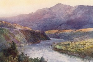 Nový Zéland: Na horním toku řeky Wanganui (barevná litografie) od Frank H Wright